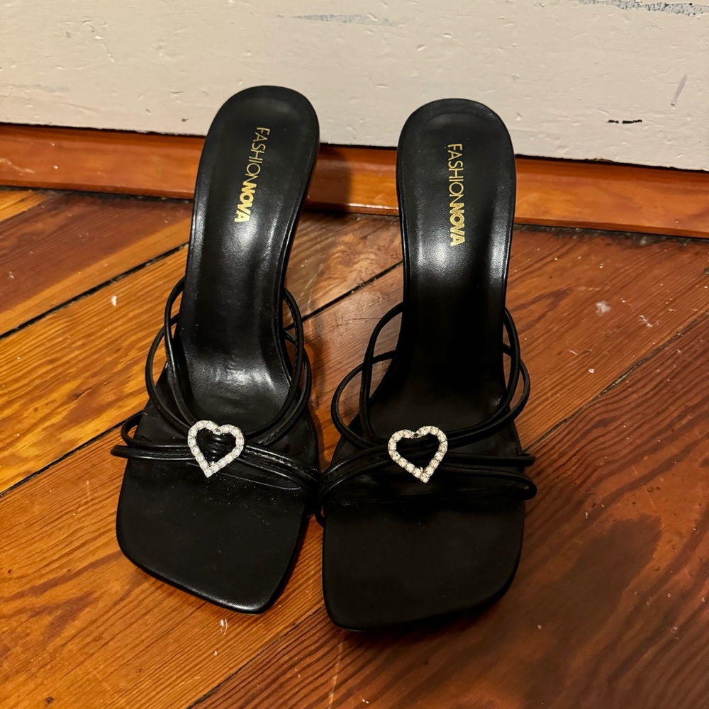 Black and silver heart-shaped rhinestone heels never worn!!